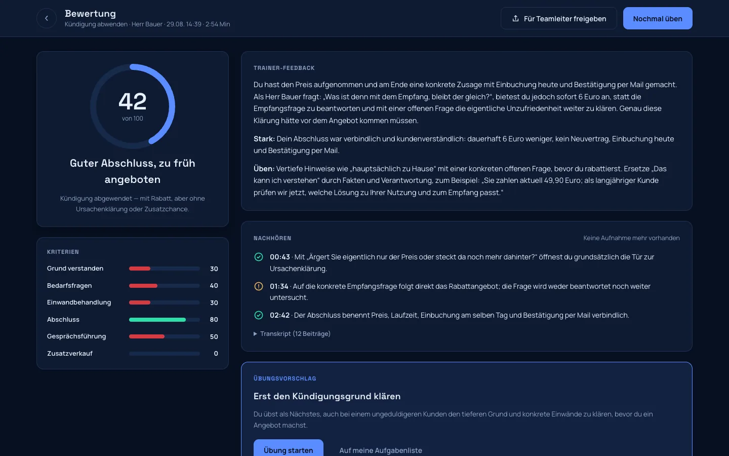 Bewertung mit Punkten je Kriterium, Trainer-Feedback und Schlüsselmomenten